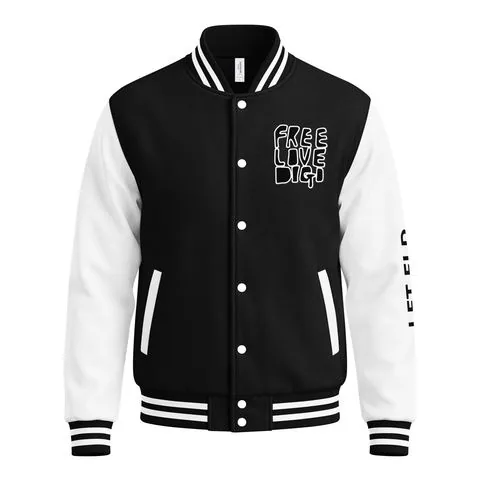 Black and white varsity jacket with Free Love Digi logo