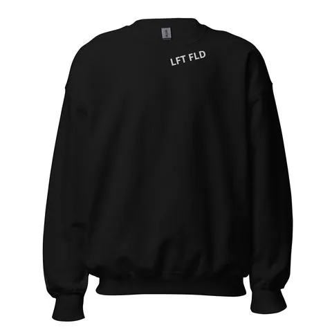 Black crewneck with embroidered LFT FLD at the collar