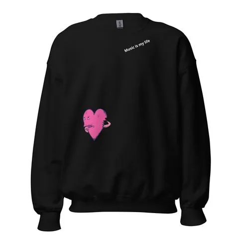 Black crewneck with pink heart character and Music is my life text