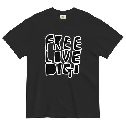 Black tee with the Free Love Digi stacked logo