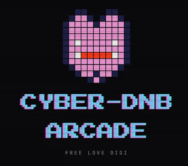Cyber-DNB Arcade logo with a pixel-art heart, Free Love Digi