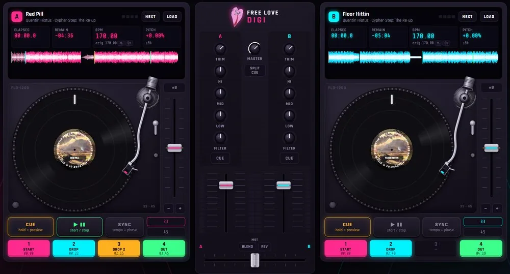 FLD Virtual DJ: two turntable decks with a Free Love Digi mixer between them